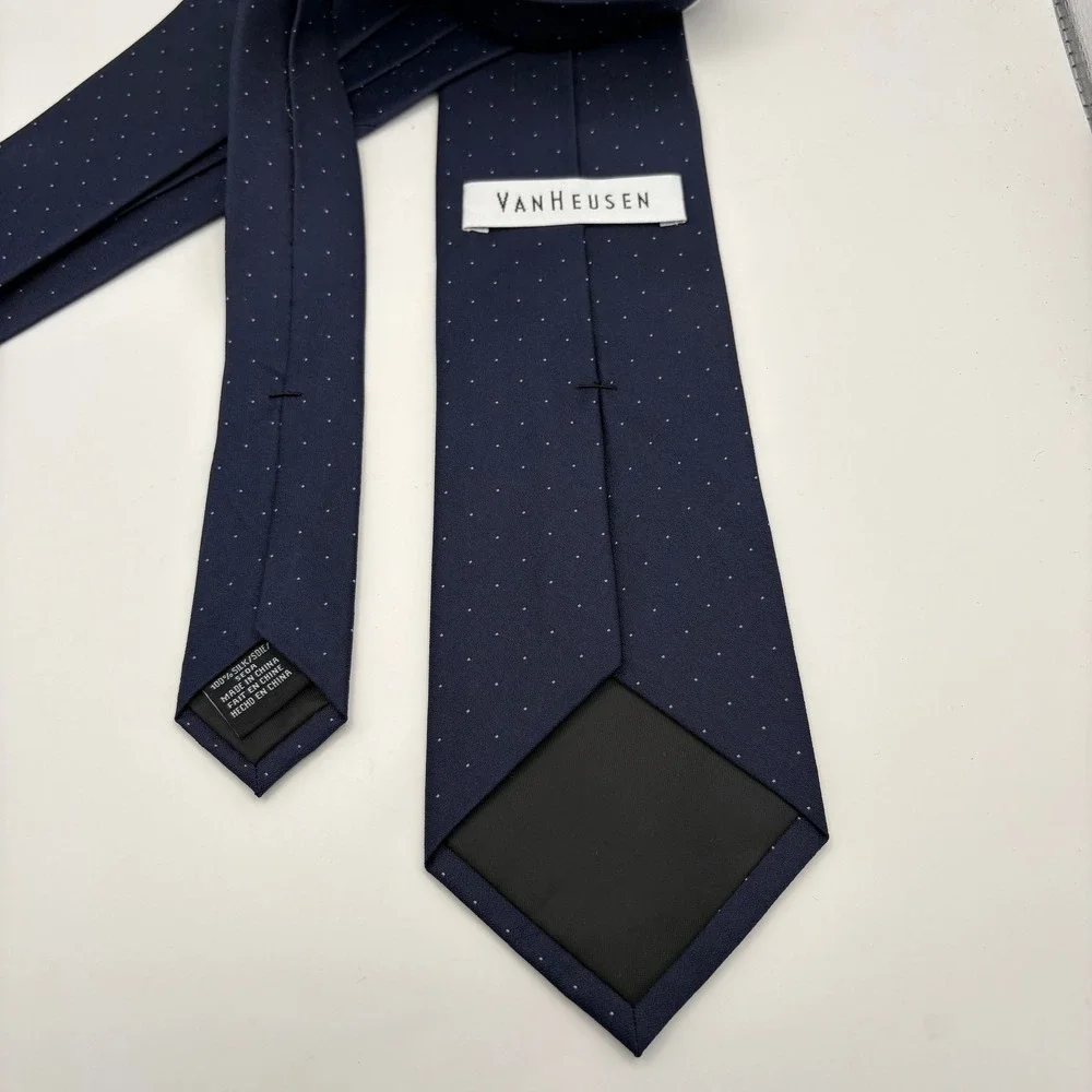 Van Heusen Mens Navy Blue Purple Micro Dot‎ 100% Silk Necktie 58